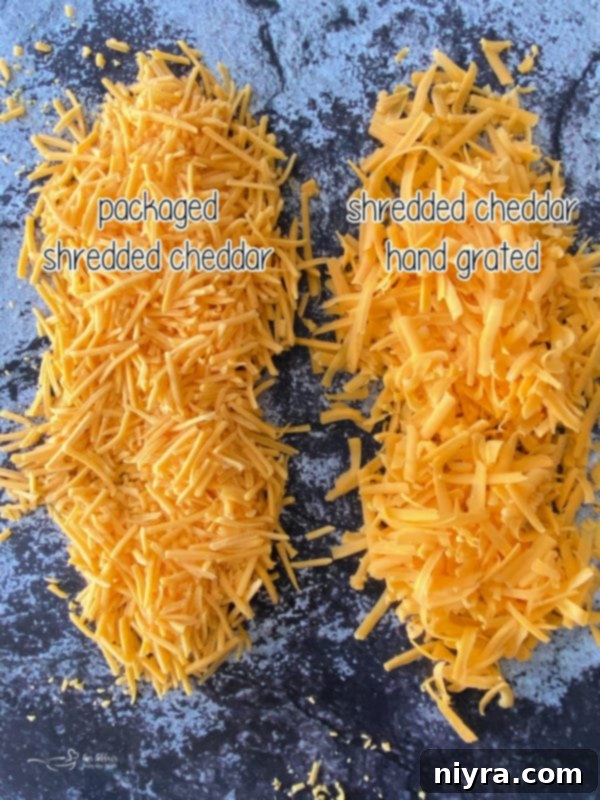 Side-by-side comparison of pre-shredded cheese (left) and freshly grated cheese (right).