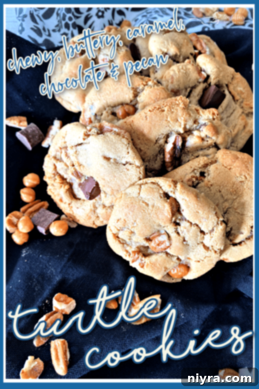 A Pinterest-friendly image for Turtle Cookies with a clear call to action to save the recipe.
