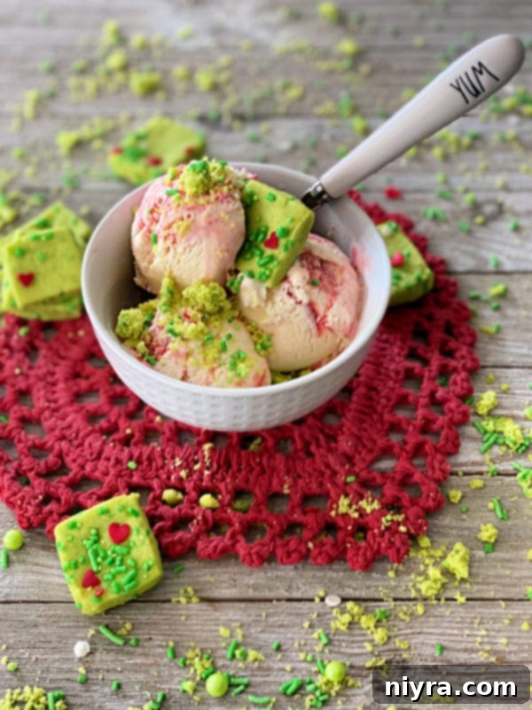 Grinch Shortbread Bites served with ice cream