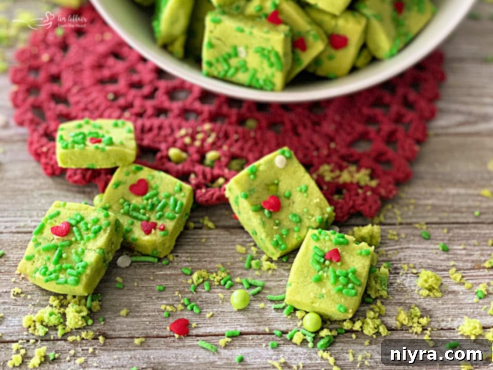 Close-up of Grinch Shortbread Bites
