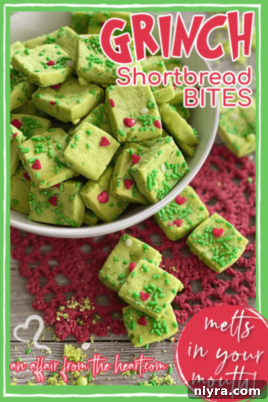 Grinch Shortbread Bites with a festive background