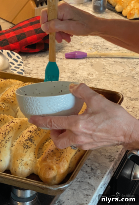Freshly baked golden poppyseed rolls brushed with vegetable oil