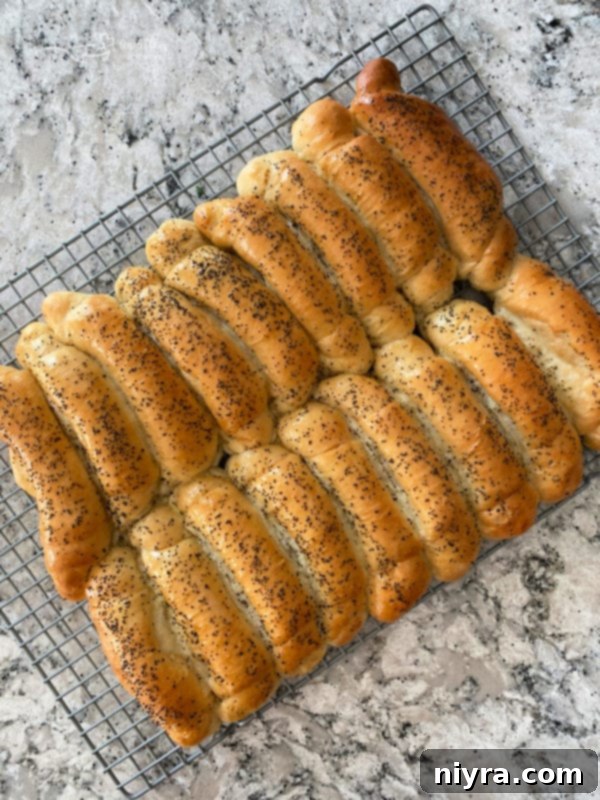 Poppyseed rolls cooling on a wire rack after baking