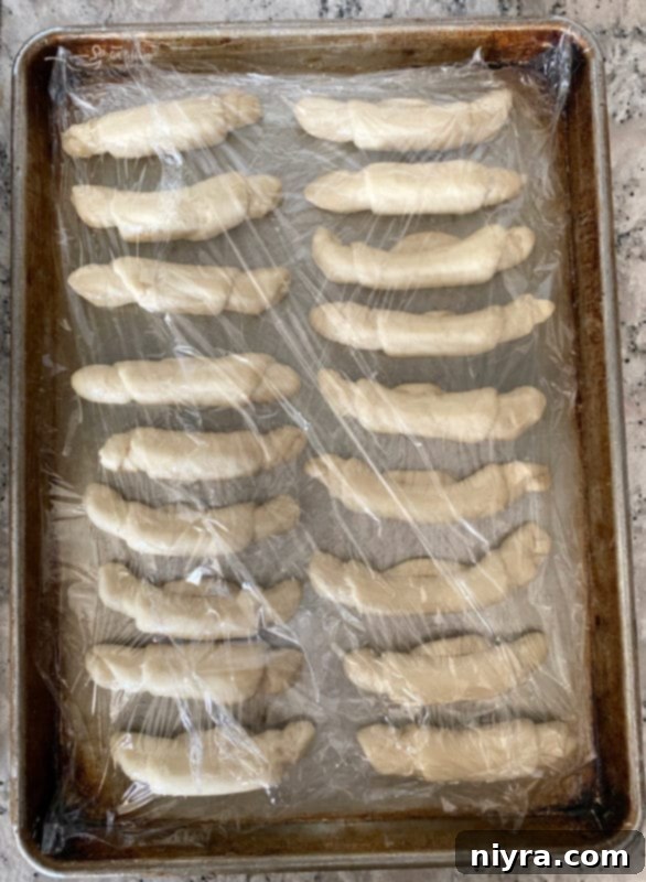 Covering cookie sheets of poppyseed rolls with plastic wrap