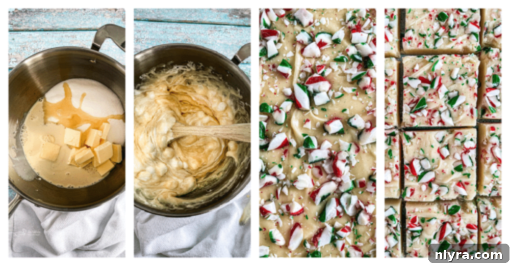 Close-up of the fudge mixture boiling in a saucepan on a stovetop.