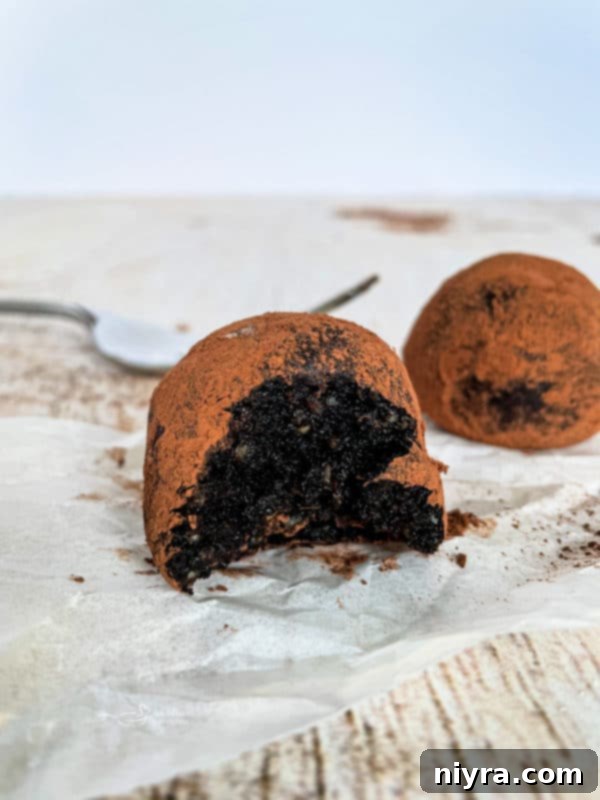 Decadent Bittersweet Chocolate Bourbon Balls 3 A close-up shot of homemade Chocolate Bourbon Balls, some coated in chocolate, others dusted with powdered sugar, showcasing their rich texture.