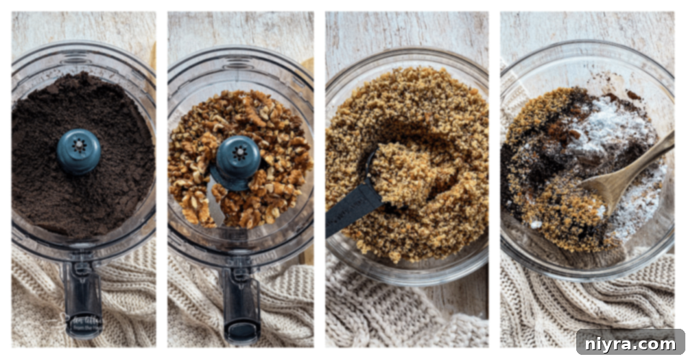 Decadent Bittersweet Chocolate Bourbon Balls 6 A wide shot of a food processor filled with crushed Oreo cookie crumbs, ready for the next step in making Bittersweet Chocolate Bourbon Balls.