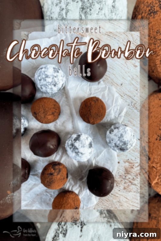Decadent Bittersweet Chocolate Bourbon Balls 10 A vertical Pinterest-optimized image featuring a collection of Bittersweet Chocolate Bourbon Balls, suitable for sharing on social media.