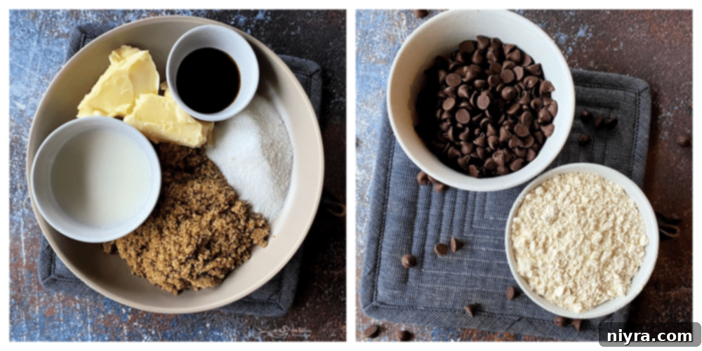 Cookie Dough Brownie Dream 13 Ingredients for edible chocolate chip cookie dough including butter, sugars, milk, vanilla, flour, and chocolate chips