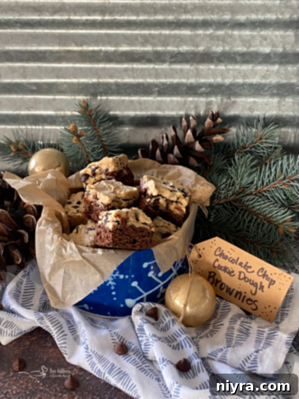 Cookie Dough Brownie Dream 17 Chocolate Chip Cookie Dough Brownies individually packaged in a festive tin for a cookie exchange
