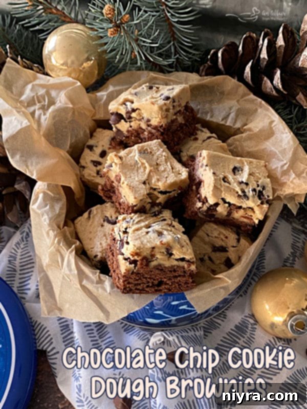 Cookie Dough Brownie Dream 18 Finished chocolate chip cookie dough brownies cut into squares, ready to serve