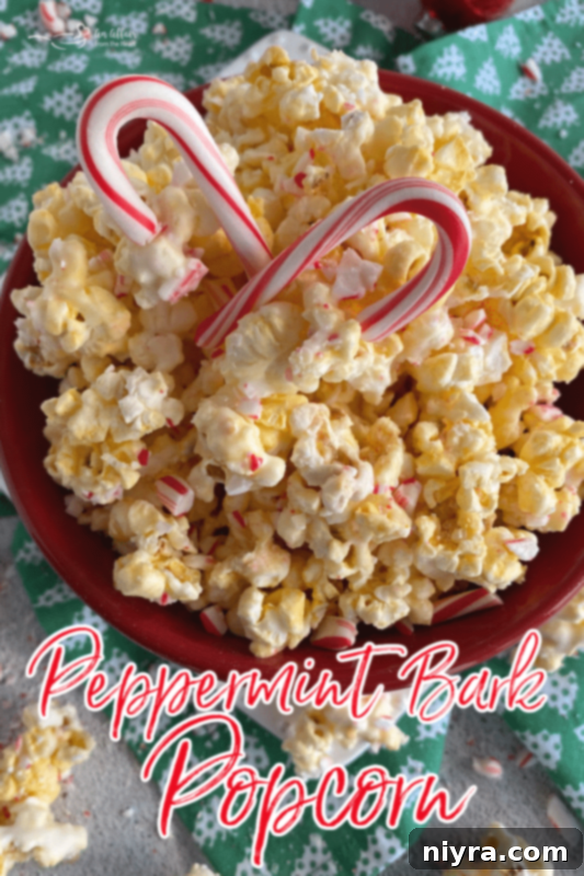 A close-up shot of perfectly coated Peppermint Bark Popcorn, ready to serve.
