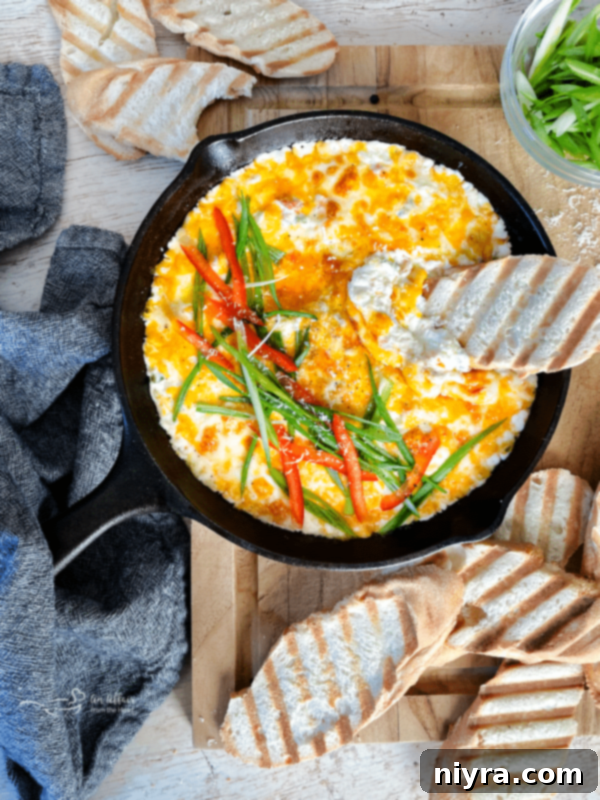 Overhead shot of Slow Cooker Crab Dip with toasted bread and a wooden serving spoon.