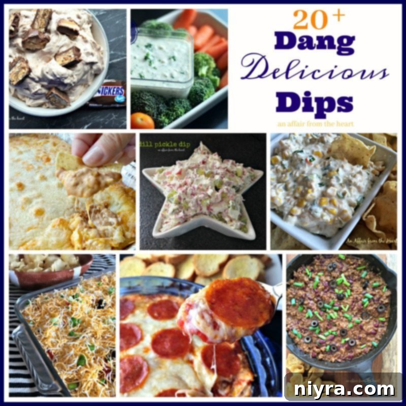 A collage of various delicious dips, titled '20+ Dang Delicious Dips'.