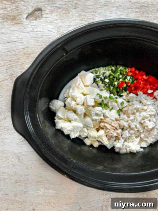 Slow Cooker Crab Dip garnished with fresh dill and red pepper flakes, served in a small bowl with toasted bread.