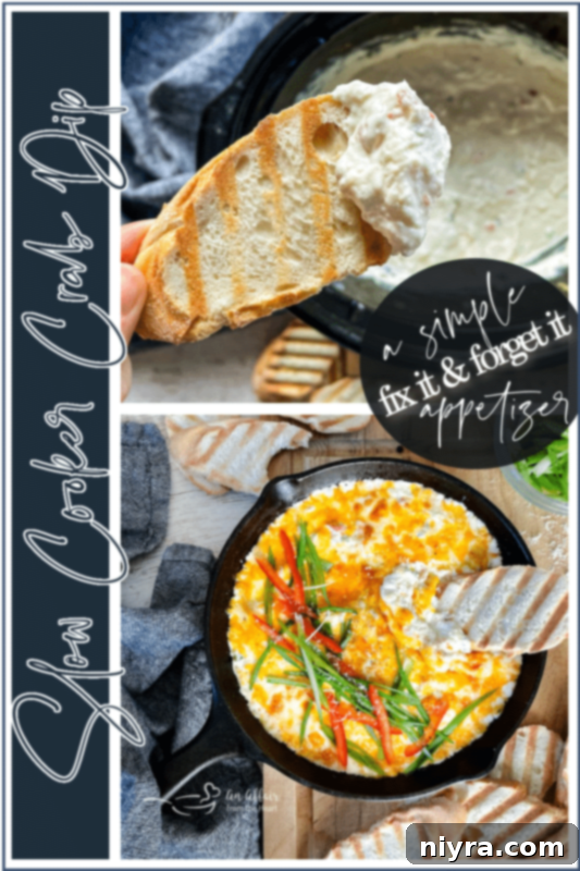 Image of a Slow Cooker Crab Dip with text overlay, encouraging pinning the recipe.