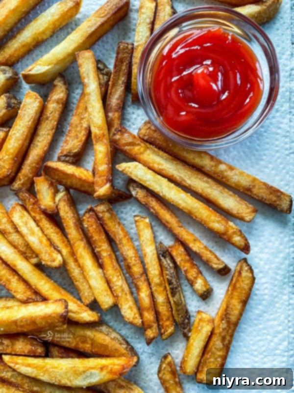 Perfectly Crispy Homemade French Fries 3 Close view of double fried french fries with ketchup, emphasizing their perfect golden-brown color and inviting texture