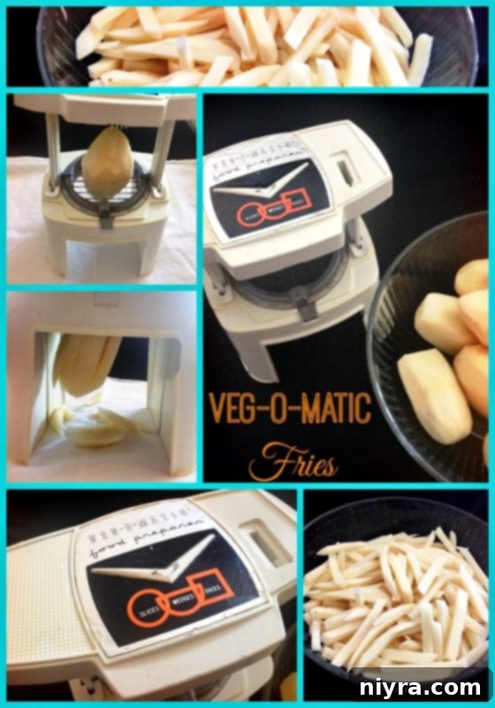 Perfectly Crispy Homemade French Fries 4 photos of an old fashioned veg-o-matic french fry maker, evoking a sense of nostalgia for classic kitchen tools