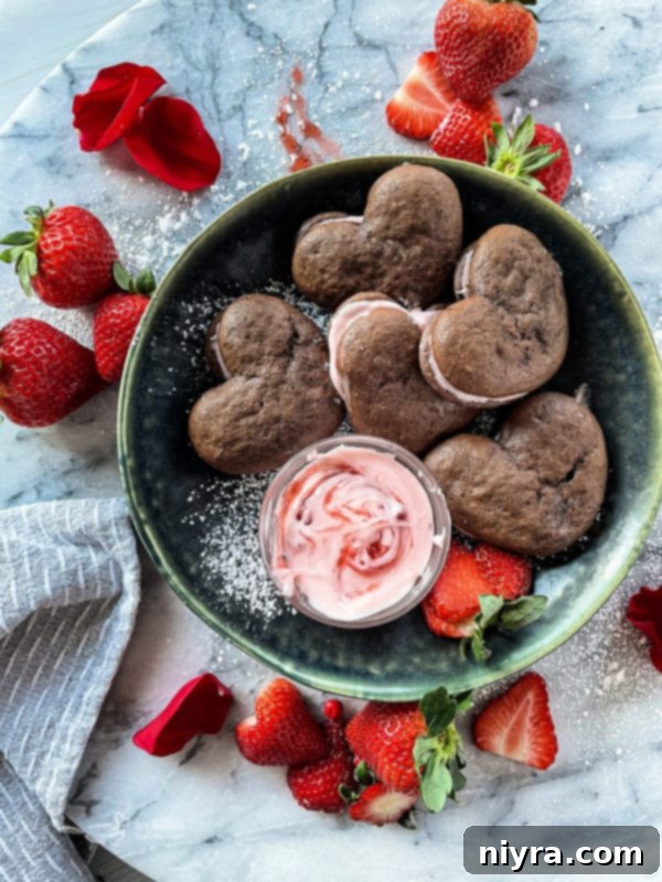 Heart Shaped Chocolate Strawberry Whoopie Pies on a white plate with fresh strawberries