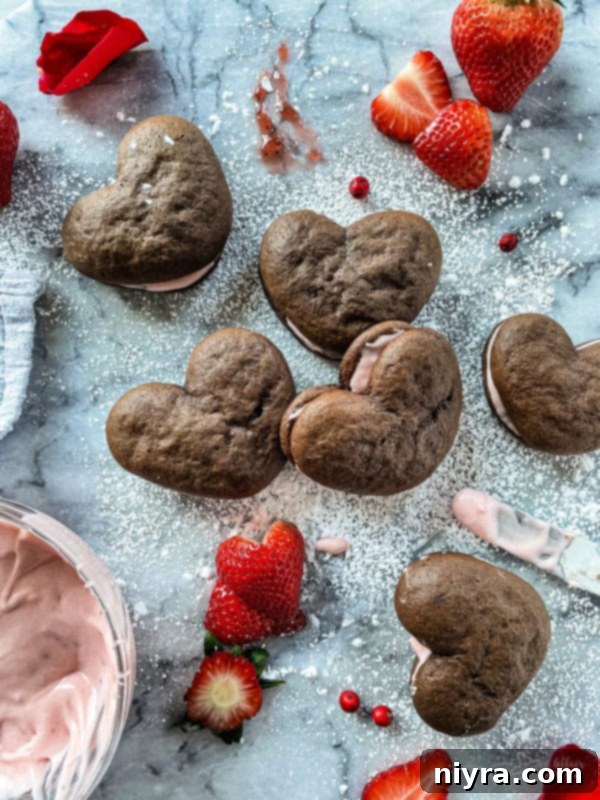 Heart-shaped Chocolate Strawberry Whoopie Pies dusted with powdered sugar