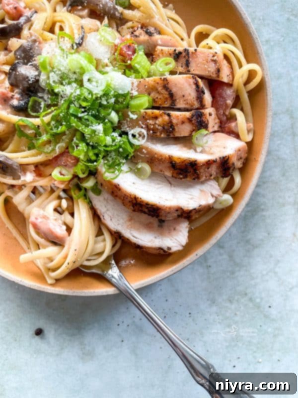 Creamy Southwest Chicken Linguine pasta with grilled chicken and green onions