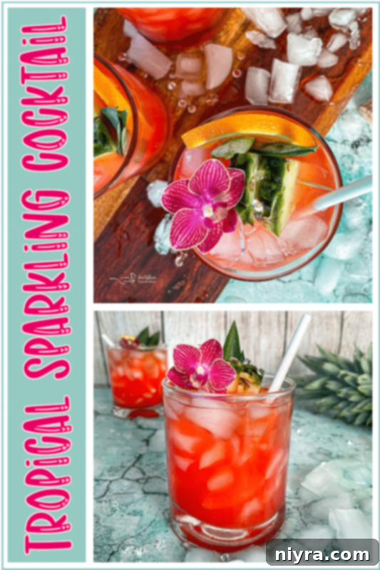 Pin for Tropical Sparkling Cocktail recipe with descriptive text and image