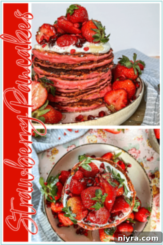 Dreamy Strawberry Pancakes 11 An overhead shot of a single perfectly golden-brown strawberry pancake on a plate, with a fork and knife, ready to be eaten. The pancake is fluffy and has a slightly pink hue.