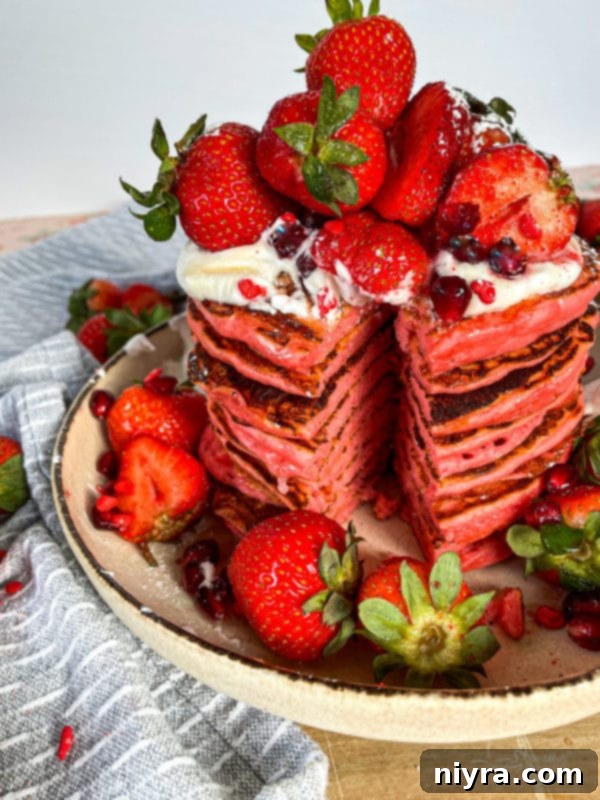 Dreamy Strawberry Pancakes 15 A beautiful stack of strawberry pancakes, served with whipped cream and fresh strawberries, viewed from a slightly elevated angle.