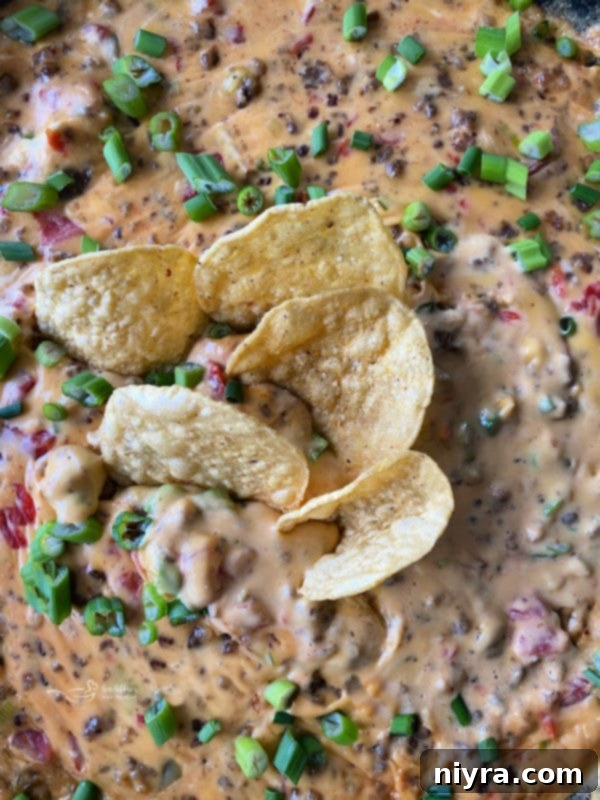 Ultimate Sausage Cheese Dip 2 Sausage Cheese Dip served hot in a cast iron skillet with tortilla chips