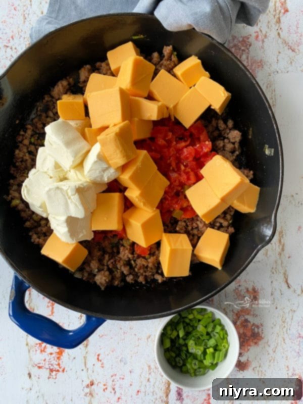 Ultimate Sausage Cheese Dip 4 Browning Italian sausage and onions in a cast iron skillet