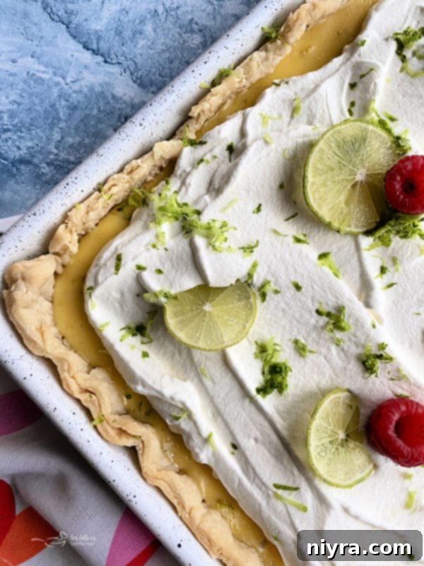 Key Lime Slab Pie with whipped cream, garnished with lime slices and fresh red raspberries.