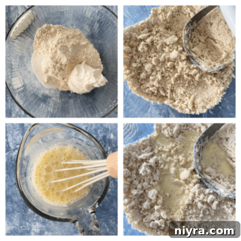 Step-by-step image showing flour, sugar, salt, and shortening being mixed in a bowl with a pastry blender.
