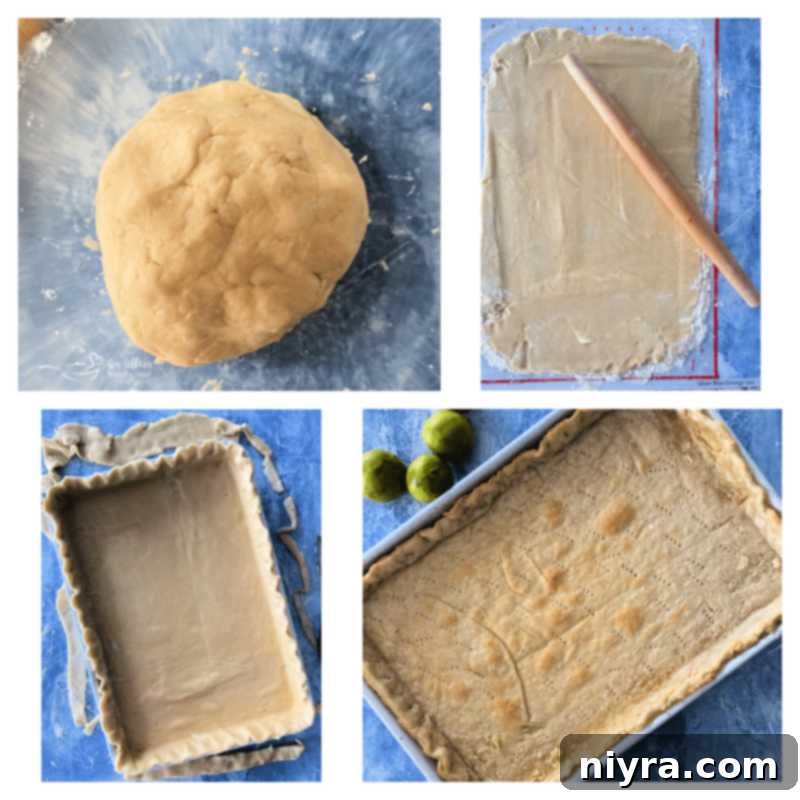 Dough being rolled out on a floured surface to form the slab pie crust.