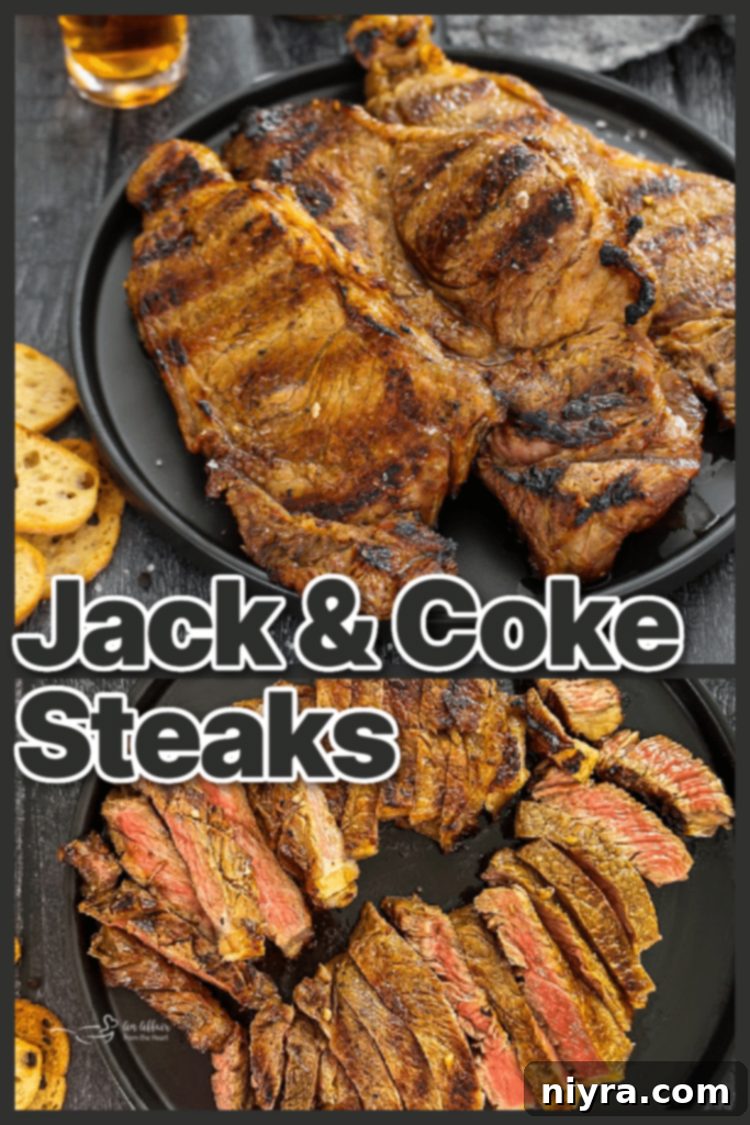 Jack and Coke Steaks on a platter with grilling tools.