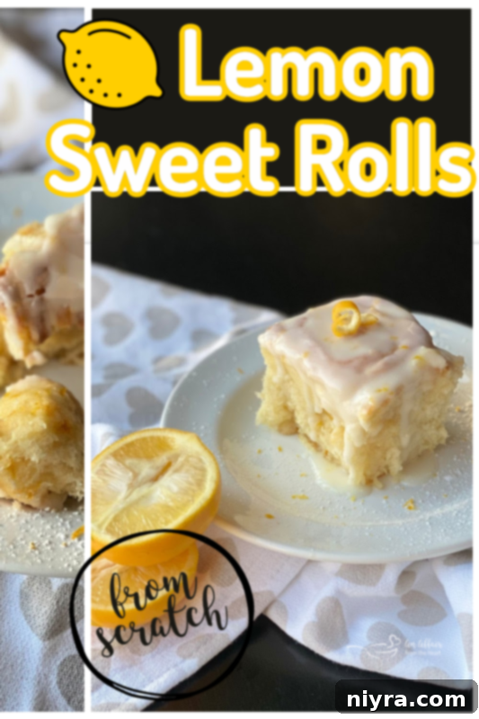 Front view of a single lemon sweet roll with a decorative text overlay for pinning, showcasing its glaze and soft texture