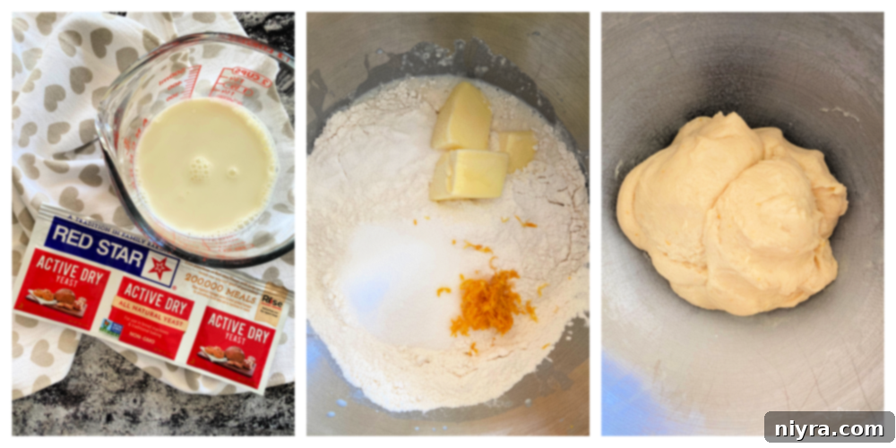 A step-by-step graphic showing the process of mixing dough for lemon sweet rolls