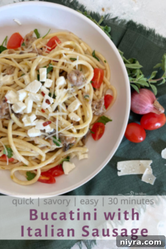 Top view of Italian sausage with bucatini on plate for Pinterest