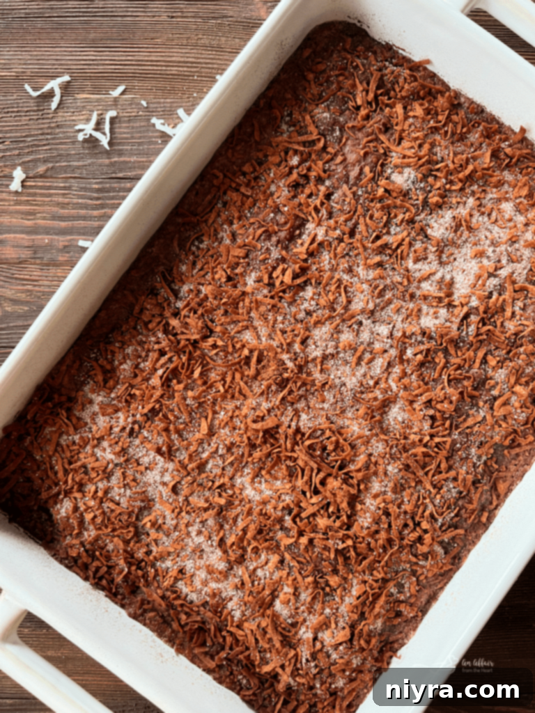 Sweet and Tart Rhubarb Bliss 13 The rhubarb cake batter in a dish, topped with the cinnamon sugar and coconut mixture.