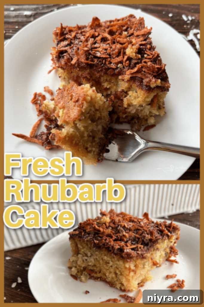 Sweet and Tart Rhubarb Bliss 14 A whole fresh rhubarb cake cooling on a wire rack, with some slices cut.