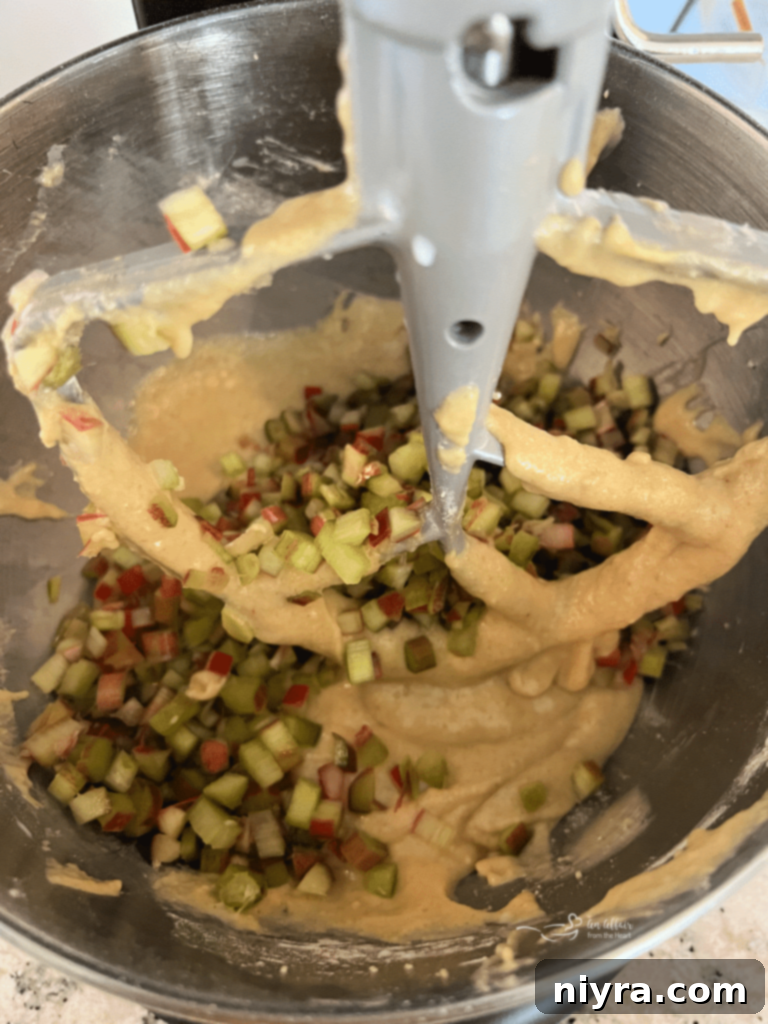 Sweet and Tart Rhubarb Bliss 10 Dry cake ingredients being sifted together into a bowl.