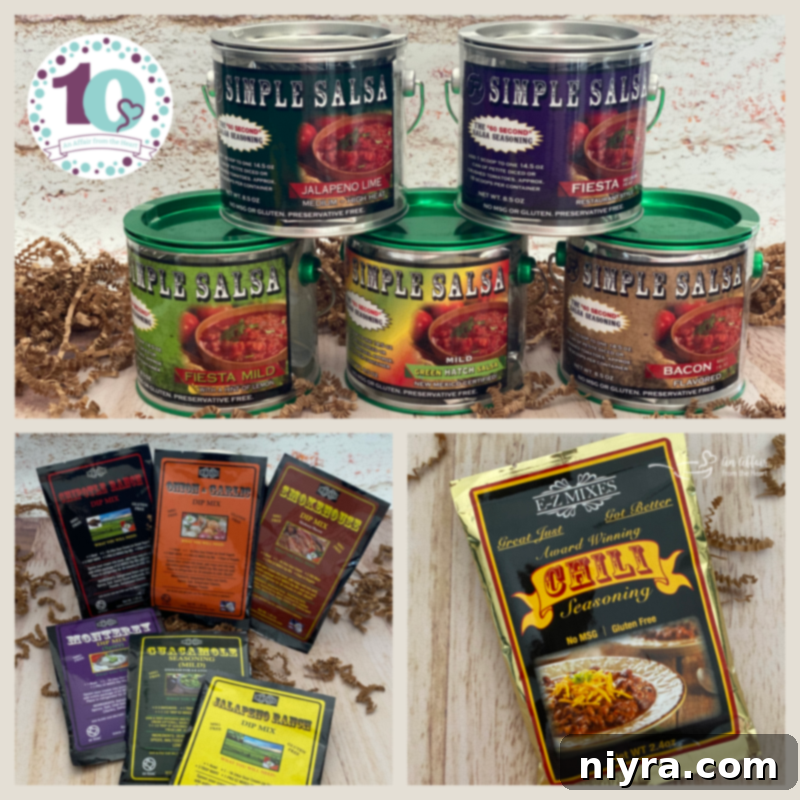 An array of J&R Simple Salsa products: salsa mixes, chili seasoning, guacamole seasoning, and dip mixes.