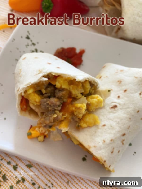 Another appealing shot of a breakfast burrito, showcasing the appealing tortilla.