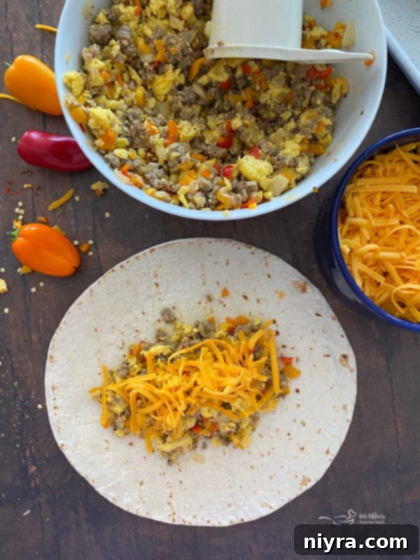Scrambled eggs mixed with the sausage and vegetable filling in a skillet.