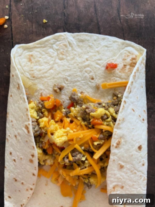 A flour tortilla with the breakfast filling and cheese placed in the center.