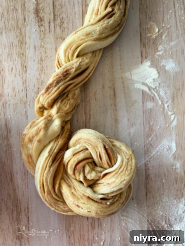 Bloomed Russian Delight 12 Step-by-step photo showing the twisted dough being coiled into a circle.