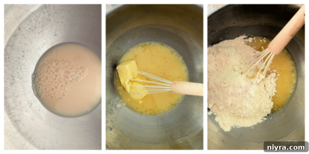 Bloomed Russian Delight 7 Step-by-step photo showing milk being scalded in a saucepan.