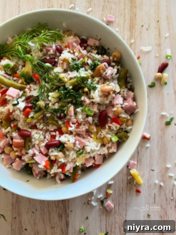 Vibrant Five Bean Ham and Rice Salad with fresh dill