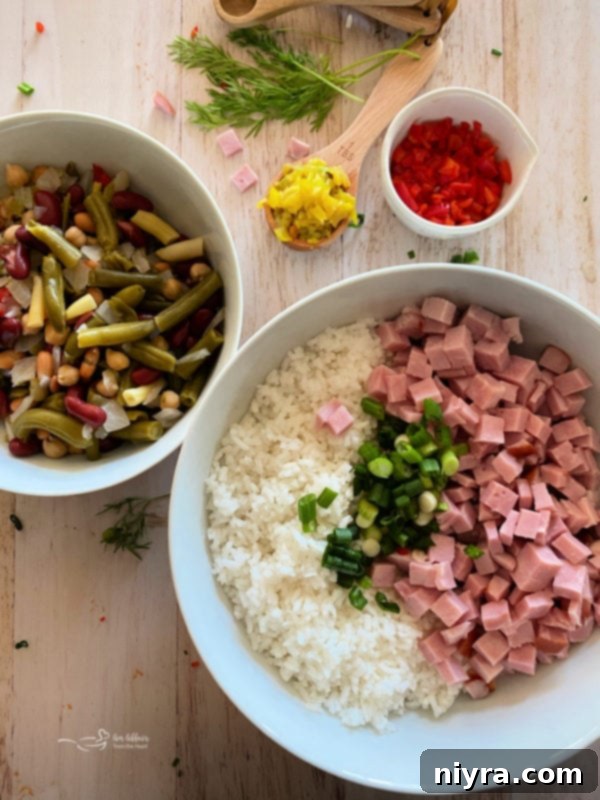 Bowl of fresh ingredients for Five Bean Ham and Rice Salad