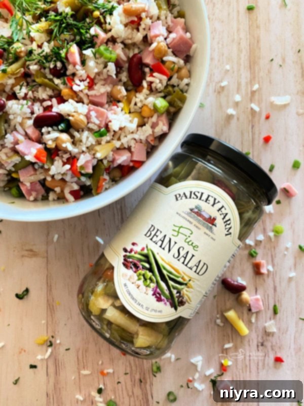 Fresh ingredients and Paisley Farm Five Bean Salad jar