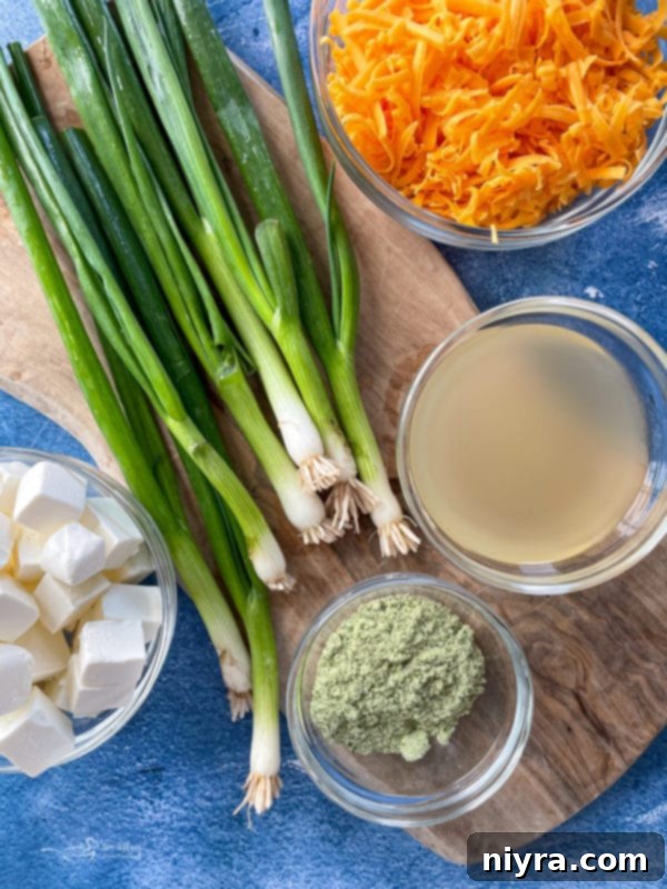 Cream cheese, green onions, ranch dressing mix, chicken broth, and cheddar cheese
